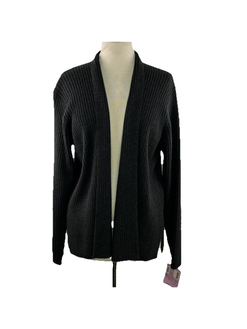 Eileen Fisher Sz L Open Front Ribbed Merino Wool Cardigan Sweater Charcoal Gray